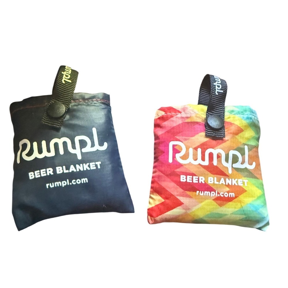 Rumpl Beer Blanket Set of 2 Insulated Can Koozies Navy & Rainbow Geometric Puffy